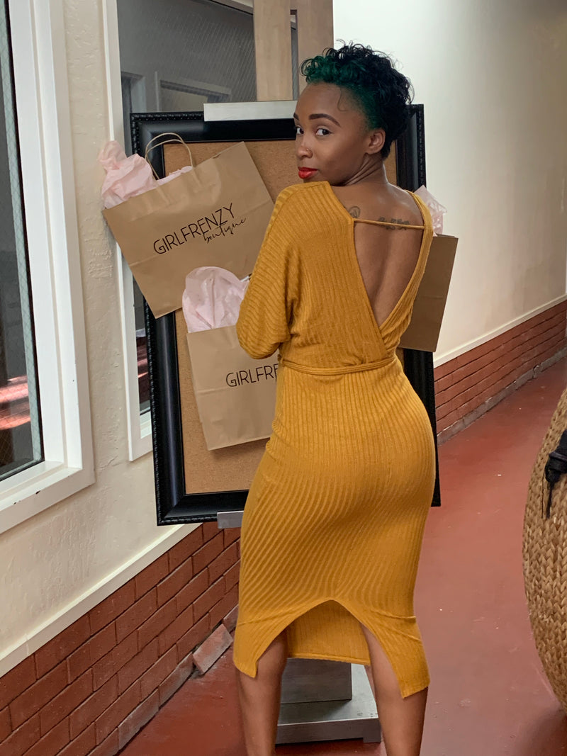 Mustard Cross Over Midi Dress
