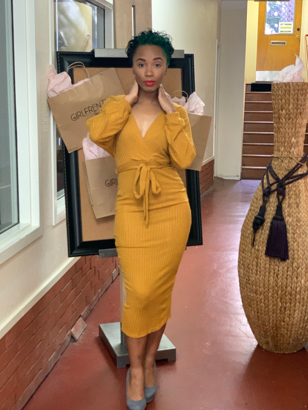 Mustard Cross Over Midi Dress