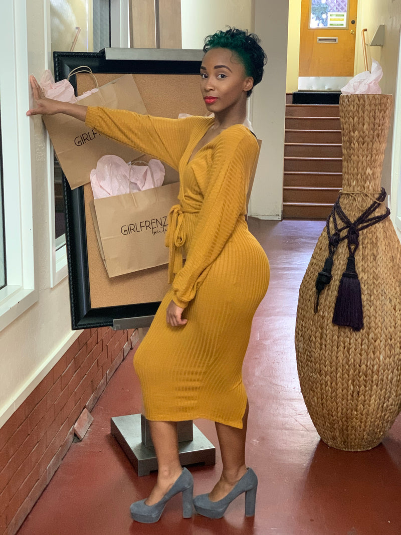 Mustard Cross Over Midi Dress