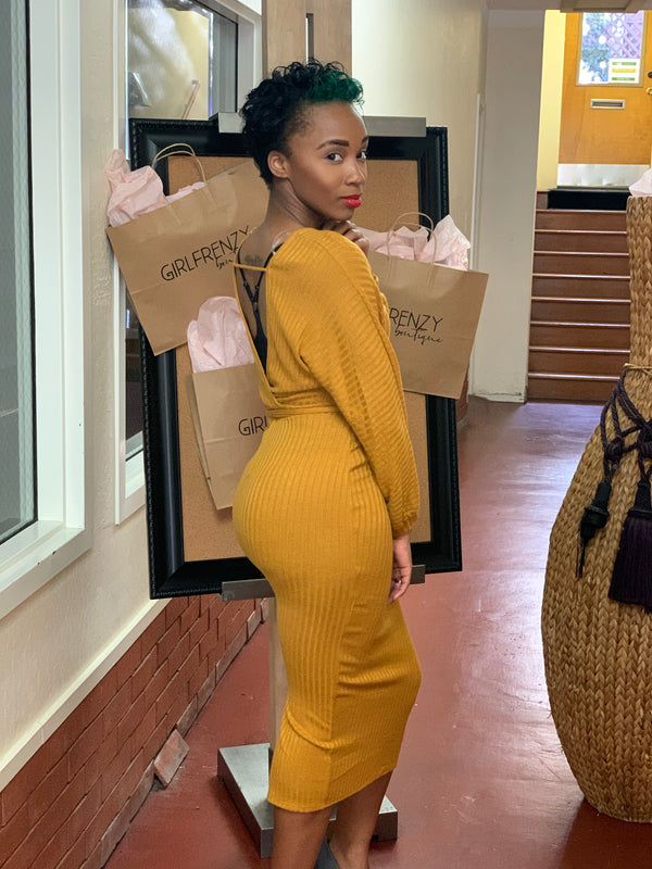 Mustard Cross Over Midi Dress